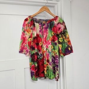 Blumarine Italy Silk Knit Half Sleeve Vibrant Rose Floral Peasant Blouse